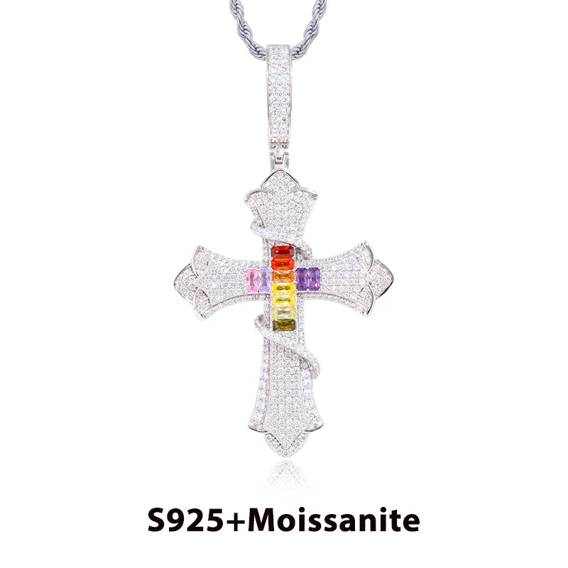 New 100% 925 Sterling Silver Iced Out Bling Color Thorns Cross D VVS1 Moissanite Pendants Necklace Hip Hop Men Women Jewelry