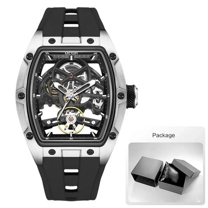 Men'S Automatic Mechanical Watch with Stainless Steel Case Silicone Band Skeleton Dial Waterproof Sport Wristwatch