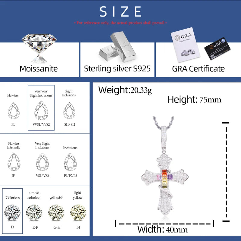 New 100% 925 Sterling Silver Iced Out Bling Color Thorns Cross D VVS1 Moissanite Pendants Necklace Hip Hop Men Women Jewelry