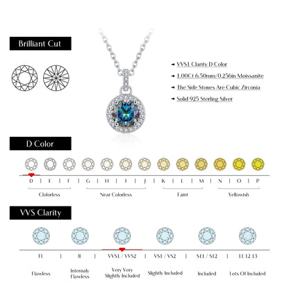 1CT Multicolor round Moissanite Necklaces 925 Sterling Silver Luxury Classic Pendant Necklace for Women Fine Jewelry
