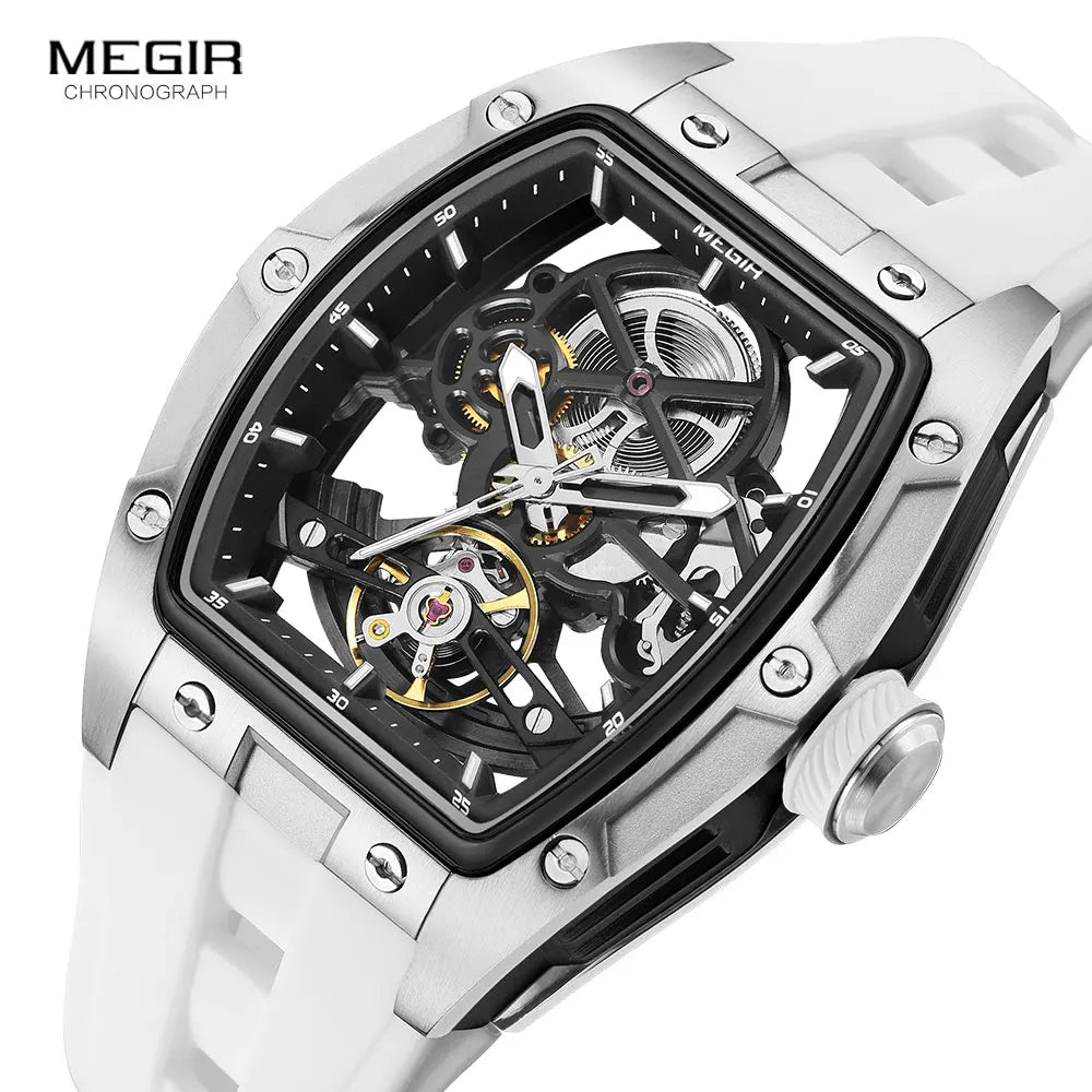 Men'S Automatic Mechanical Watch with Stainless Steel Case Silicone Band Skeleton Dial Waterproof Sport Wristwatch