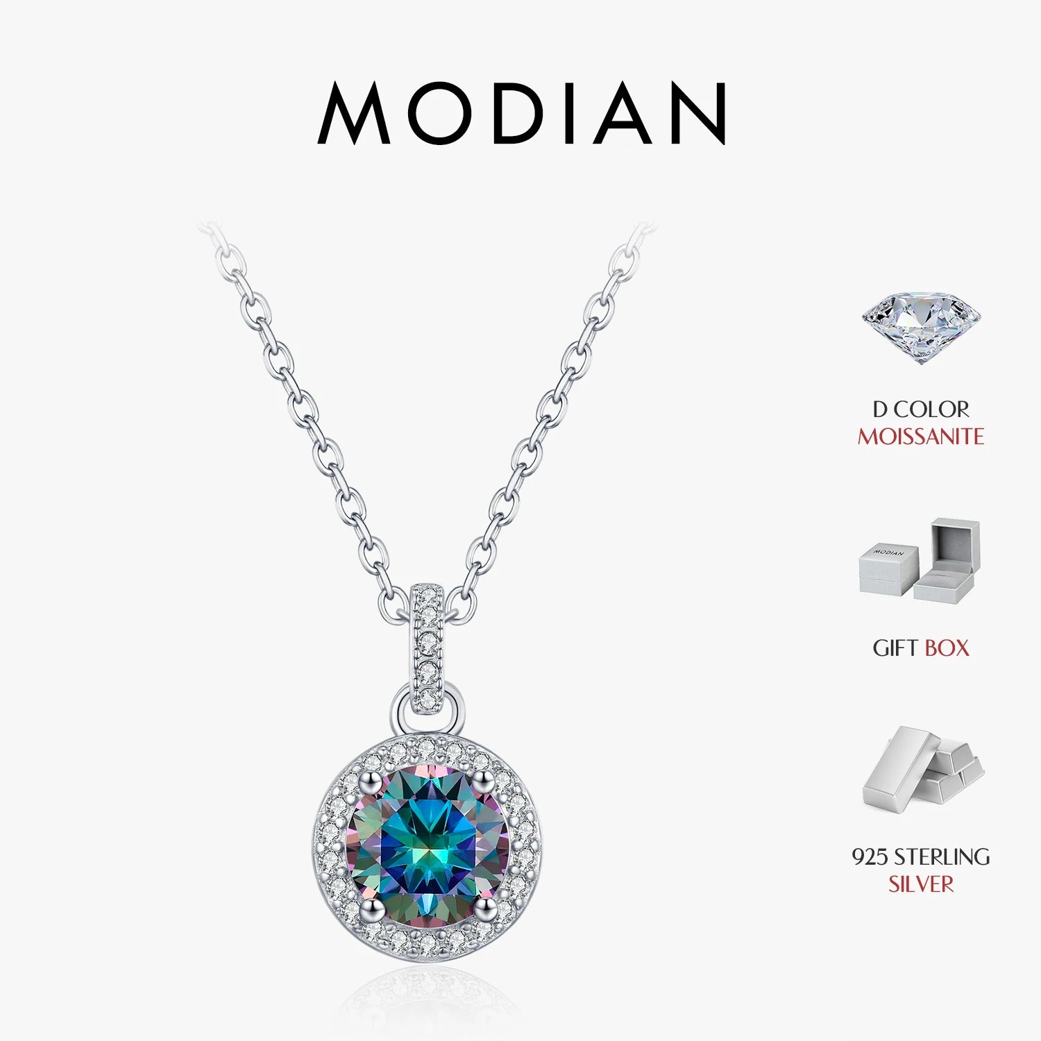 1CT Multicolor round Moissanite Necklaces 925 Sterling Silver Luxury Classic Pendant Necklace for Women Fine Jewelry