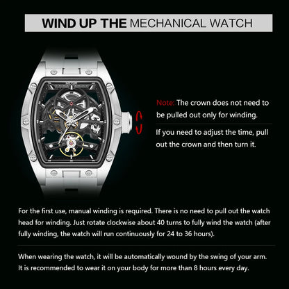 Men'S Automatic Mechanical Watch with Stainless Steel Case Silicone Band Skeleton Dial Waterproof Sport Wristwatch