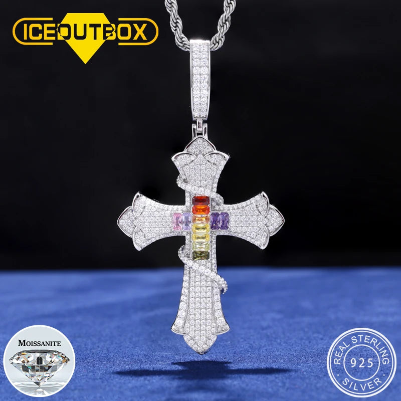 New 100% 925 Sterling Silver Iced Out Bling Color Thorns Cross D VVS1 Moissanite Pendants Necklace Hip Hop Men Women Jewelry