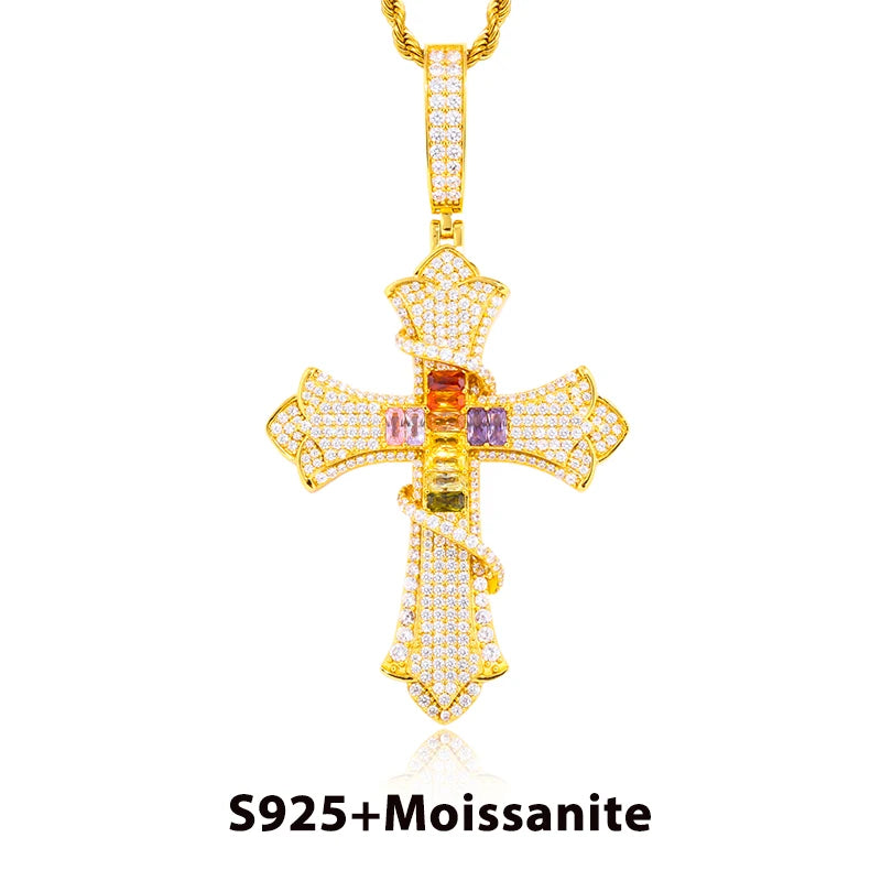 New 100% 925 Sterling Silver Iced Out Bling Color Thorns Cross D VVS1 Moissanite Pendants Necklace Hip Hop Men Women Jewelry