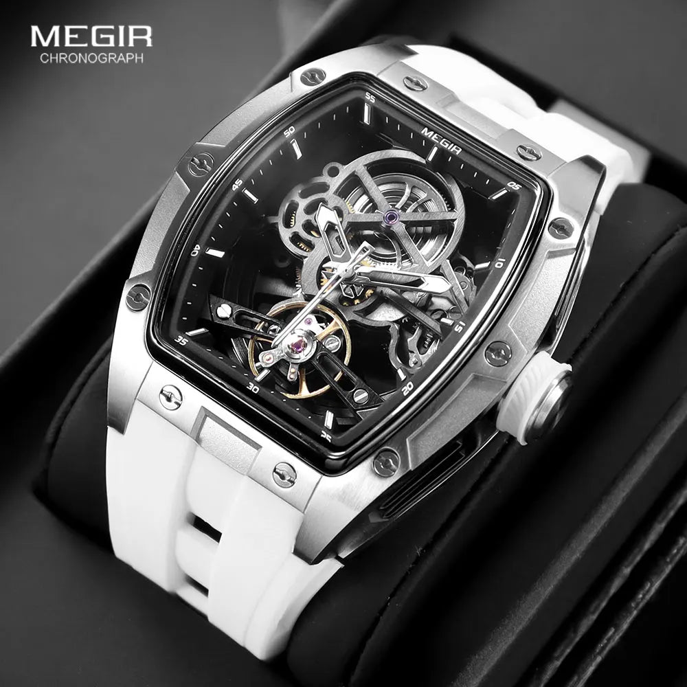 Men'S Automatic Mechanical Watch with Stainless Steel Case Silicone Band Skeleton Dial Waterproof Sport Wristwatch