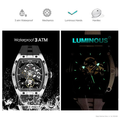 Men'S Automatic Mechanical Watch with Stainless Steel Case Silicone Band Skeleton Dial Waterproof Sport Wristwatch