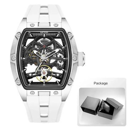 Men'S Automatic Mechanical Watch with Stainless Steel Case Silicone Band Skeleton Dial Waterproof Sport Wristwatch