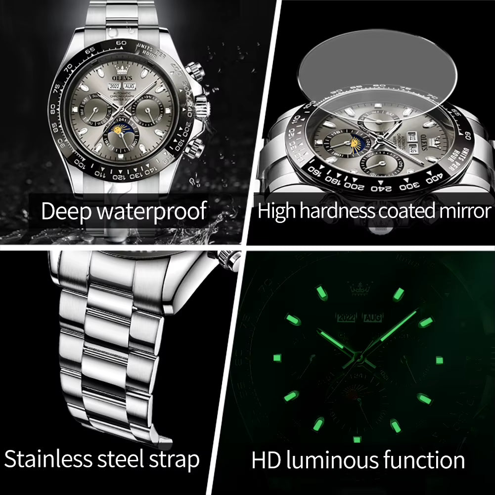 6654 Luxury Mens Watch Chronograph Automatic Mechanical Wristwatch Waterproof Luminous Top Brand Watch for Man Date Sport